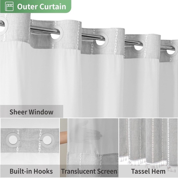 Eachope Grey Farmhouse No Hook Shower Curtain Boho Gray, Size 71x74 - Picture 5 of 9